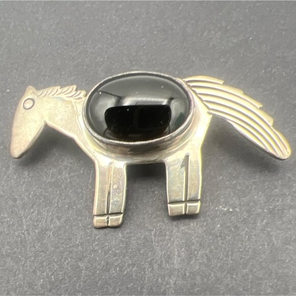Vintage Horse Brooch Carol Felley Sterling Silver Black Onyx '93 Signed Western - Picture 1 of 12